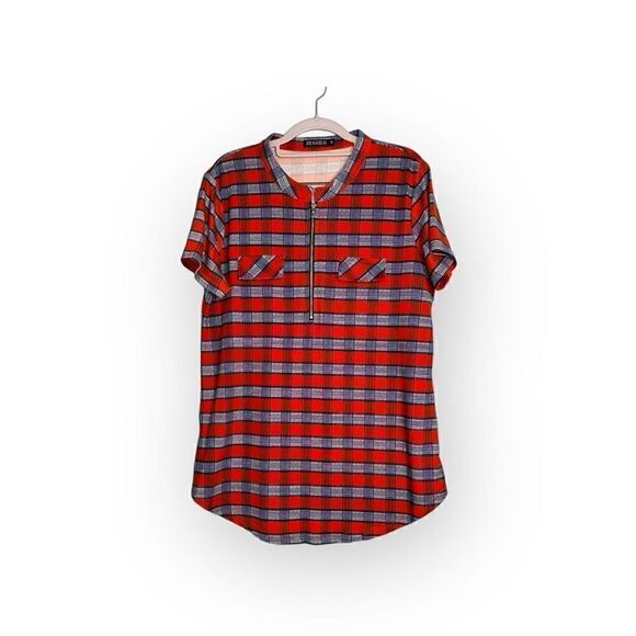Zennilo plaid half zip shirt sleeve tunic women’s size 1x orange - Picture 1 of 6